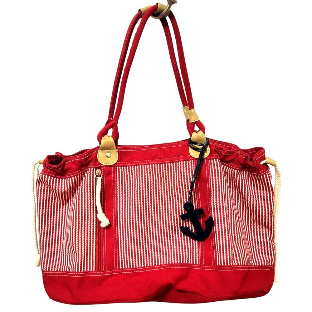 Red White Striped Cotton Beach Tote Sturdy Handles Polyester Lining 16x11x7"